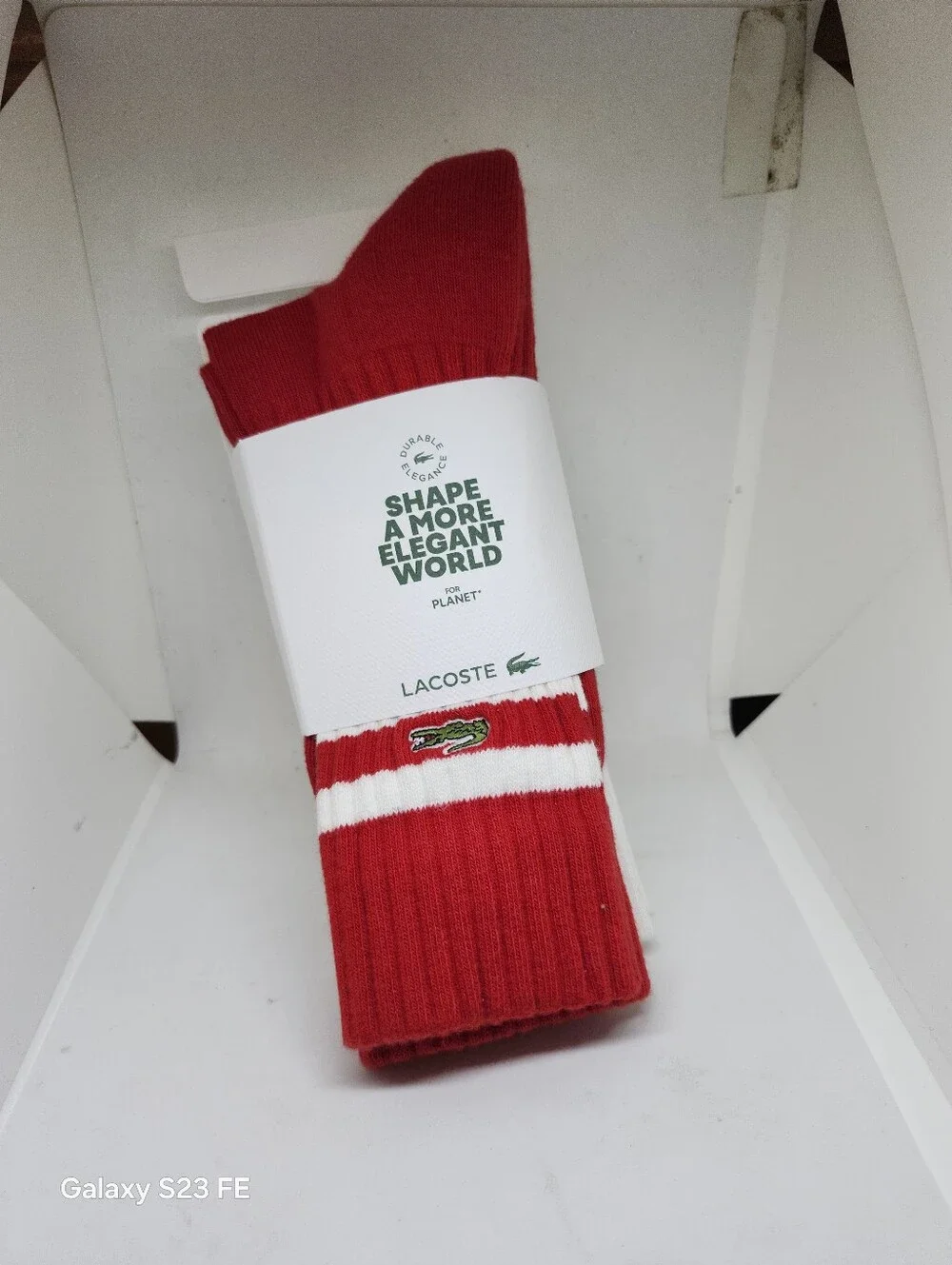 Lacoste Red Crew Socks with White Stripe and Crocodile Logo PAIR